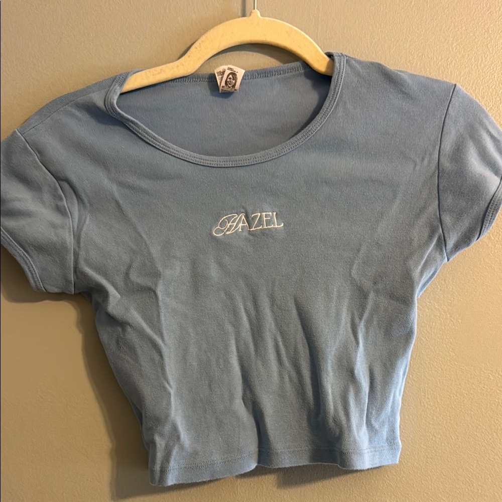 Hazel blue Fitted Crop T-Shirt. Size medium